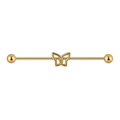Golden industrial barbell earring featuring a hollow butterfly center on stainless steel bar - Butterfly / Gold