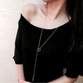 Silver Y-shaped necklace with circular buckle and bar pendant shown on model - Minimalist Adjustable Necklace