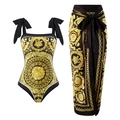 Three-piece bikini set with black gold baroque print, bow shoulders and matching sarong - Gold Series