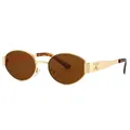 Oval metal sunglasses with gold frame and tea lenses featuring a vintage logo - Gold Frame Tea Lens