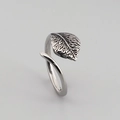 Silver leaf shaped open ring in retro stainless steel with adjustable vintage finish - Leaf Open Style (KR44930-K)