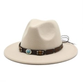 Detail of wide brim fedora with leather band, wood beads and turquoise buckle - M (56-58cm) / Beige