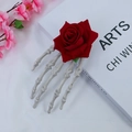 Gothic hair clip with white skeleton hand and deep red rose for Halloween cosplay - Rose Hairpin - Vintage Skeleton Hand