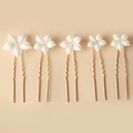 Five-piece bridal hair pin set featuring white ceramic flowers and crystal accents - SHSS5387-5Pcs Set/Gold/Single Flower Wave Pin