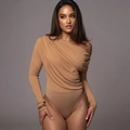 Slim fit off-shoulder bodysuit in camel with long sleeves and elegant pleated details - S / Khaki