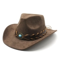 Brown western cowboy felt hat featuring a braided band and turquoise bronze buckle - M (56-59cm) / Brown