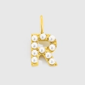 Golden letter R pendant with inlaid white pearls on a minimalist stainless steel charm - Gold-R