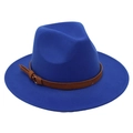 Detail view of royal blue wool fedora hat with brown leather belt buckle strap - Royal Blue (Brown Belt)