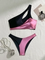 Chic two-piece bikini set with one-shoulder metallic pink and black contrast design - S / Rose Red