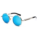 Steampunk silver metal sunglasses with bright blue lenses and spring temple design - Silver Frame Blue Mirror