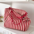 Classic red and white striped canvas tote bag with large capacity and woven handles - Red Stripes
