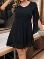 Detailaufnahme von schwarzem V-Ausschnitt Paillettenkleid mit eleganten Schlitzärmeln - 0XL / Schwarz