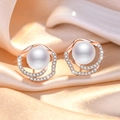 Elegant rose gold stud earrings with round white pearl and sparkling zircon crystal frame - Rose Gold Irregular Pearl Stud Earrings (C6)