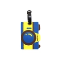 Cartoon camera shaped luggage tag in yellow and blue PVC with black leather strap - Camera