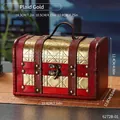 Vintage red wood storage box with gold checkered faux leather and antique metal latch - Storage Box - Checkered Gold