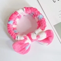 Pink and white coral fleece headband with a large plush bow for washing face - Rose Pink Strawberry Rabbit
