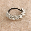 Minimalist ponytail hair tie with large twisted silver metal ring on elastic band - Silver Braid