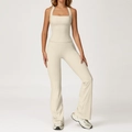 Slim fit cream yoga set featuring racerback cropped tank and high waist flared leggings - S / 2044 Vest + 2030-2 Flared Pants - Oatmeal Beige