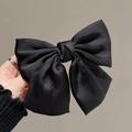 Elegant large black satin hair bow clip with long ribbons for Halloween hair styling - Black Trending Style