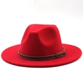 Classic red fedora hat in wool felt with a dark brown leather belt buckle for autumn style - M (56-58cm) / Red