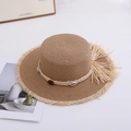 Detail of straw sun hat with shell and bead ornaments plus frayed brim edges - M(56-58cm) / Caramel color