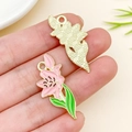 Pink lily flower DIY charm with gold metal base and green enamel leaves for jewelry making - 31x16mm Lily with Branch