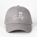 Gray cotton baseball cap featuring white Salty text and palm tree embroidery detail - One Size / Gray