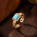 Golden Cuban chain ring with a rectangular sky blue stone and pavé diamond halo - 10111-Blue Ring