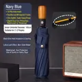Navy blue automatic umbrella with 10-rib windproof structure and wood-grain handle - 10k Wooden Handle Automatic Umbrella - Navy Blue / Gift Box Not Included