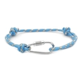 Blue and white woven RPET rope bracelet featuring a polished silver metal carabiner clasp - No. 07 Blue with White Patterns