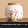 Mini ceramic tea canister with pink daisies, dragonfly pattern and wooden lid - Hand Painted Daisy & Dragonfly - Jar