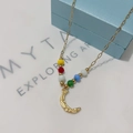 Macro view of a 18k gold moon pendant necklace with vibrant multi-color beads - Moon Pendant Colorful Beads (N123月亮-彩色)