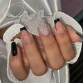 24pcs short black French tip press-on nails with glitter and rhinestone accents - Bz1574 Soft And Gentle Jade Flower / Glue Type