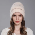 Women's knit beanie in beige sequins rabbit fur with ear protection design - Beige