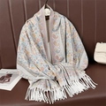 Beige core-spun yarn scarf with paisley floral patterns and white decorative tassels - Light Beige Paisley (T489-04)