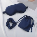 Three-piece satin sleep set including navy blue eye mask, scrunchie, and drawstring pouch - Navy Blue