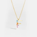 Macro shot of letter F gold pendant necklace featuring colorful rectangular zircons details - 925 Silver / Letter F
