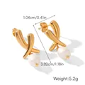 Detail showing dimensions of gold stainless steel earrings with white teardrop pearls - Gold Cross Line Teardrop Pearl Style (HC-E10976)