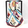 Equestrian print square satin silk scarf with horse and saddle patterns in cream white - Belt Plaid Warhorse Beige (SD90-08-1)