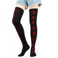 Detail of black over-the-knee socks with red skull print for Halloween outfits - One Size / Red Skull