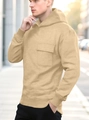 Men's relaxed fit beige hooded sweatshirt featuring a large front chest pocket design - S / Khaki
