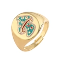 Anello regolabile a fungo dorato con smalto verde e dettagli di stelle rosse brillanti - Aperto Regolabile / verde chiaro