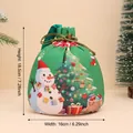 Green Christmas drawstring gift bag with snowman and tree print, 18.5x16cm canvas sack - Cartoon Print Snowman Apple Bag