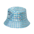Sky blue bucket hat with holographic silver houndstooth pattern for street fashion - 58cm / Blue