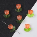 Translucent orange tulip glass flower beads with green leaves for DIY jewelry making - 10 Sets/Pack / Orange