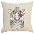 Detail view of Halloween linen pillowcase with black rib cage and red heart print - Beige Ribcage Red Heart Pattern
