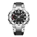 Men's silver dual display sports watch with black textured dial and silicone strap - Silver