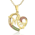 Macro view of golden heart pendant featuring Mom engraving and colorful rhinestones - Multicolor Rhinestone Border Heart Mom Style (21720)