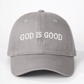 Detail of grey cotton baseball cap featuring high-quality white God Is Good embroidery - One Size / Gray