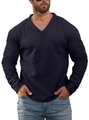 Men's V-neck knit sweater in dark blue featuring a textured cable knit pattern and loose fit - Navy Blue